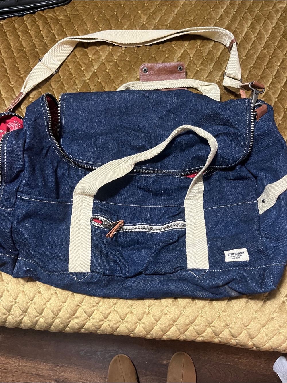 Steve Madden Denim Duffel with bandana lining and Cream Webbing Straps